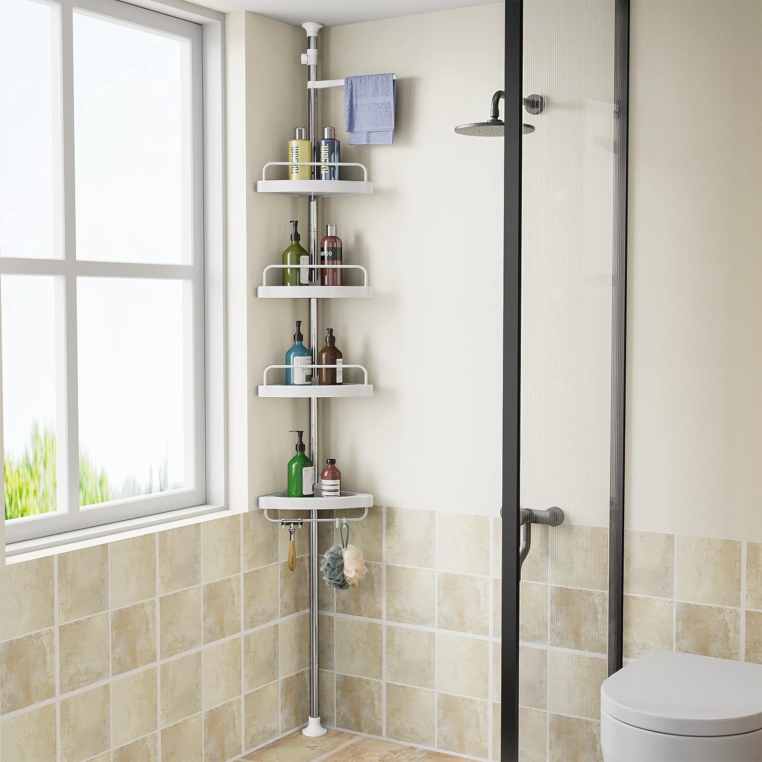 Etajera colt pentru baie si dus, 4 sau 5 rafturi, inaltime reglabila 260cm, montare pe colt