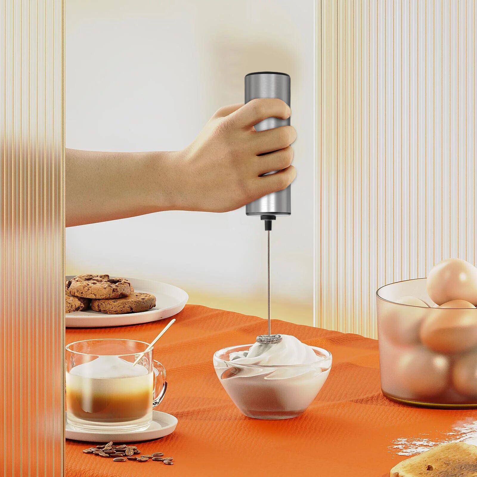 Mini mixer de facut spuma lapte, din otel inoxidabil, pe baterii, pentru cafea latte, cappuccino, ciocolata calda